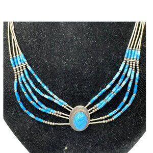 Vintage Sterling Rising Sun Turquoise Heishi Liquid Silver 5 Strand Necklace 925